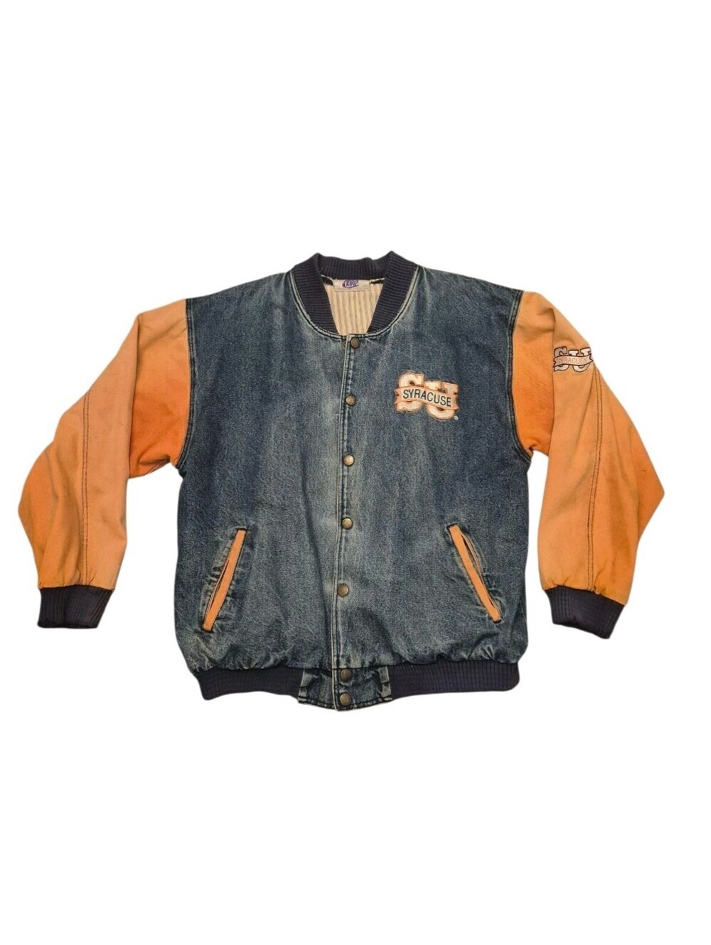 Vtg Syracuse University SU Front Row Denim Varsity Bomber Trucker Jacket Large